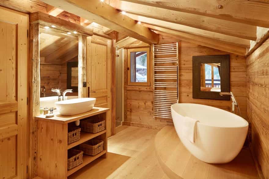 beautiful bathroom for after day of skiing on slopes in luxury ski chalet