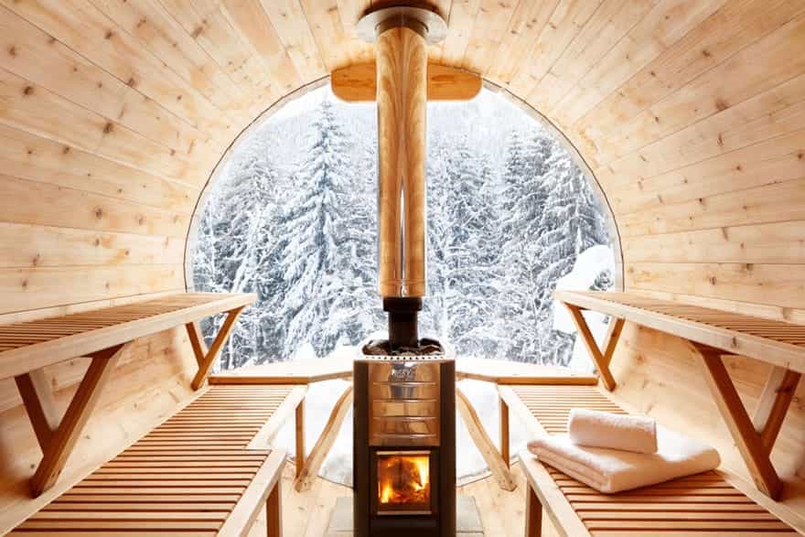 outdoor sauna with beautiful views of the ski slopes in the French Alps.